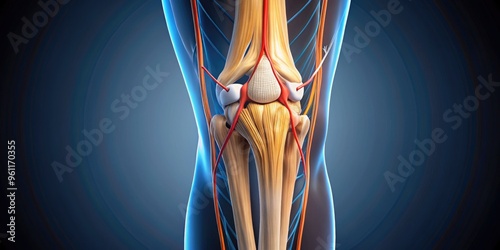 Close-up of a human leg, highlighting the intricate anatomy of the knee joint, showcasing ligaments, tendons, and bones in a detailed, labeled illustration. photo