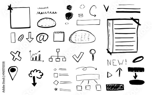 Hand drawn memo paper sheets, sticky note, reminder, to do list, sticky tape and pins. Bullet journal elements in doodle style. Vector illustration in white background.