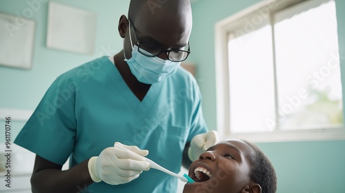 Compassionate Dental Care: A dedicated African doctor provides dental care to a young patient, emphasizing the importance of oral health in underserved communities.