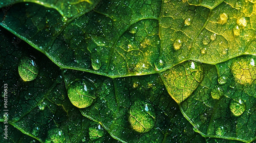 Fototapeta premium Glistening droplets of acid adorn a leaf, showcasing the beauty of natures chemistry in a captivating close-up.