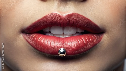 Close-up of a person's mouth showcasing a trendy lip ring with a small silver stud, surrounded by subtle makeup and natural lip color. photo