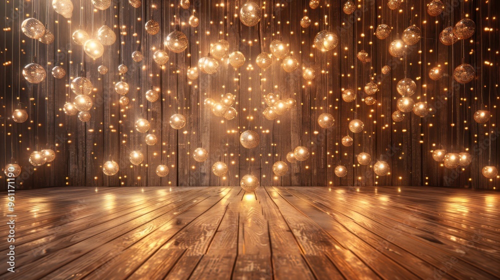 Light cherry wood wall background, hyper-real feel, hanging lights and shining balls. Light cherry wood wall background, hyper-real feel, hanging lights and shining balls.