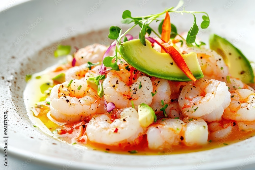 A vibrant dish of shrimp garnished with herbs and avocado slices. A vibrant dish of shrimp garnished with herbs and avocado slices.