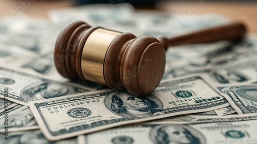 The Gavel's Verdict: A close-up of a judge's gavel resting on a scattered pile of hundred-dollar bills, symbolizing the intersection of law, finance, and justice. 