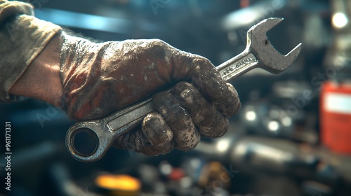 Mechanic’s Hand Holding a Wrench: A mechanic's grease-stained hand holding a wrench, with car parts and a workshop setting blurred in the background.
 photo