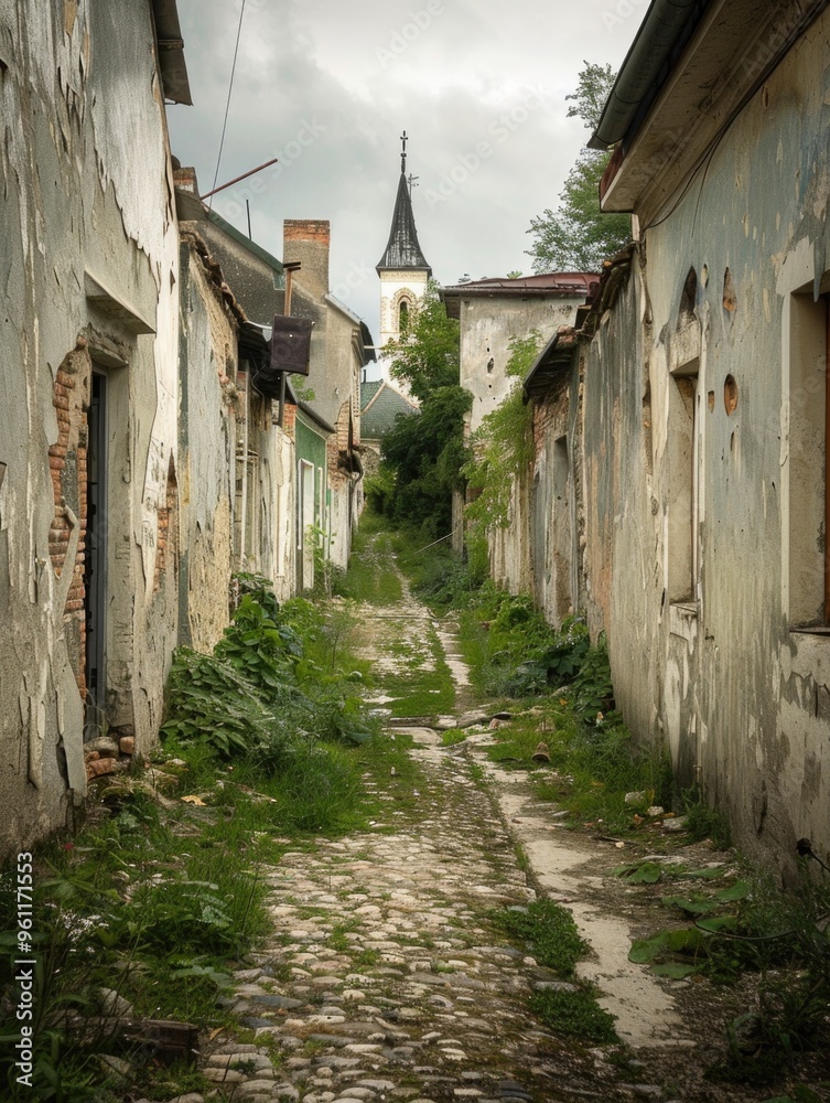 Narrow Cobblestone Path in Abandoned Town, Peeling Paint, and Overcast Sky
Narrow Cobblestone Path in Abandoned Town, Peeling Paint, and Overcast Sky