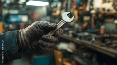 Mechanic’s Hand Holding a Wrench: A mechanic's grease-stained hand holding a wrench, with car parts and a workshop setting blurred in the background.
 photo