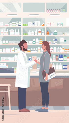 Pharmacy Service Scene: Customer Receiving Prescription Medication from Pharmacist in Modern Drugstore