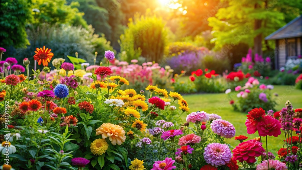 plant, landscape, summer, nature, green, blossoms, A vibrant flower garden overflowing with colorful blooms set against a lush green backdrop in a sunny backyard during the summer plant, landscape, summer, nature, green, blossoms, A vibrant flower garden overflowing with colorful blooms set against a lush green backdrop in a sunny backyard during the summer