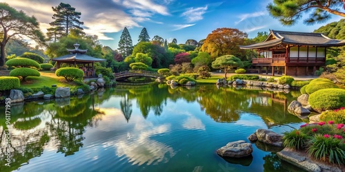 bridge, greenery, cultural, urban retreat, tranquil, vegetation, A serene Japanese garden with a picturesque pond nestled in the heart of San Francisco s Panoramic neighborhood