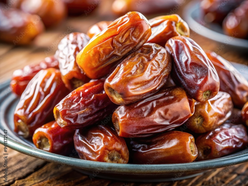 Close-Up Of Ripe Dates Stacked On A Plate With A Focus On Their Juicy Interiors And Wrinkled Skin Close-Up Of Ripe Dates Stacked On A Plate With A Focus On Their Juicy Interiors And Wrinkled Skin