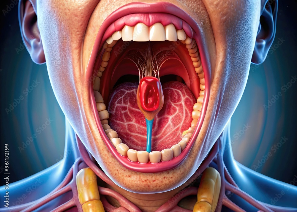 Close-Up Of Sore Throat Anatomy Showing Inflamed Tonsils, Uvula, And ...