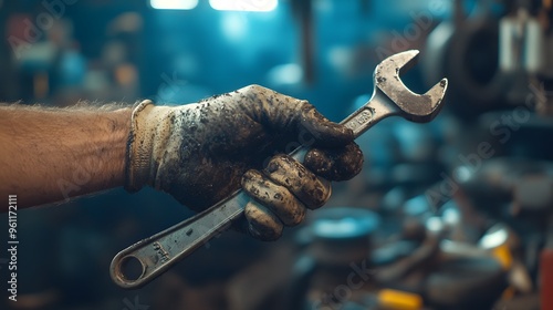 Mechanic’s Hand Holding a Wrench: A mechanic's grease-stained hand holding a wrench, with car parts and a workshop setting blurred in the background.
 photo