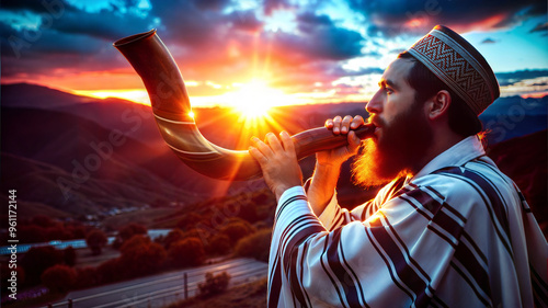 Portrait of an adult orthodox Jewish man blow Shofar outdoors isolated on sunset background, on the Jewish High Holidays in Rosh Hashanah and Yom Kippur