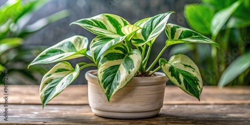 A close up view of a variegated Raphidophora tetrasperma plant in a pot showcasing its lush green leaves with splashes of creamy white variegation, close-up, Raphidophora tetrasperma, pot photo