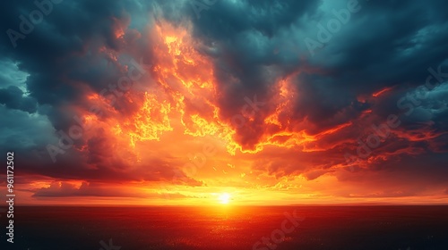 Fiery sunset sky with dramatic clouds.