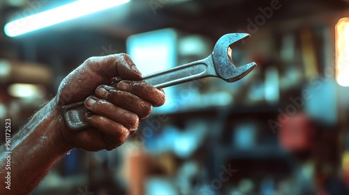 Wallpaper Mural Mechanic’s Hand Holding a Wrench: A mechanic's grease-stained hand holding a wrench, with car parts and a workshop setting blurred in the background.
 Torontodigital.ca
