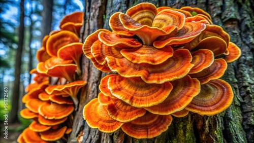 Close-Up Of Vivid Orange, Rosette-Shaped Wood Fungus Growing From The Bark Of A Tree photo