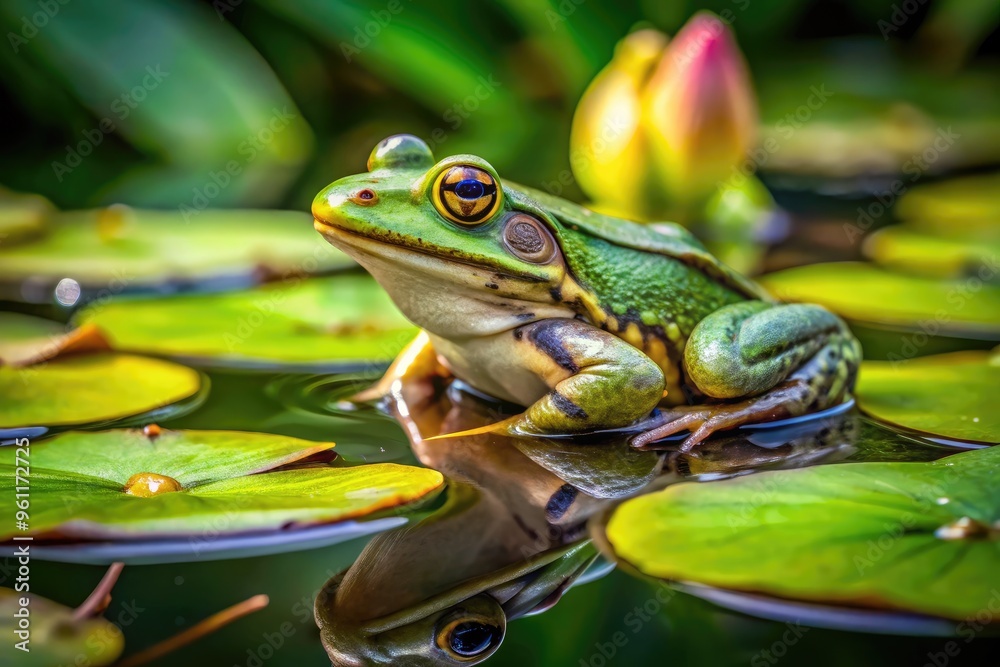 Close-Up Photograph Of A Green River Frog Perched On A Lily Pad, Surrounded By Water Lilies And Lush Vegetation Close-Up Photograph Of A Green River Frog Perched On A Lily Pad, Surrounded By Water Lilies And Lush Vegetation