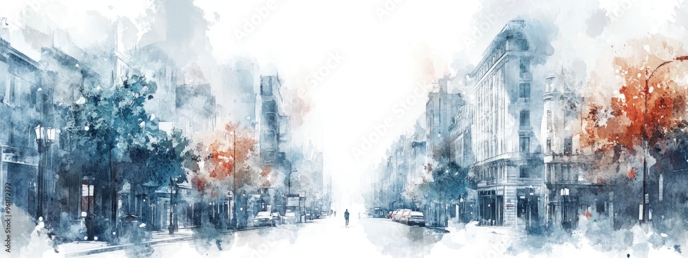 Serene Watercolor Urban Landscape Capturing the Essence of a Quiet City Street Serene Watercolor Urban Landscape Capturing the Essence of a Quiet City Street