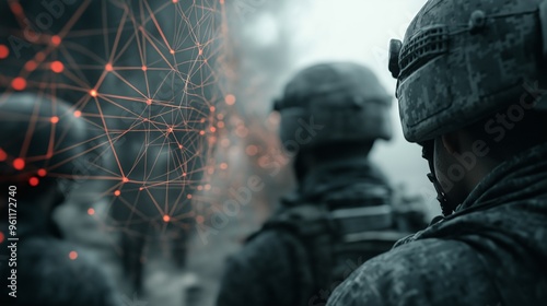 Digital Warfare: Soldiers in camouflage, backlit by a futuristic network of red lines, representing the digital battlefield of the future.  A powerful image that evokes the interconnectedness of moder