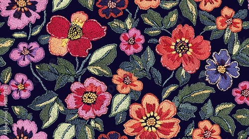 Seamless embroidery design featuring exquisite blossoms, crafted by hand on a deep backdrop, ideal for stylish textiles and prints.