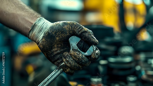 Mechanic’s Hand Holding a Wrench: A mechanic's grease-stained hand holding a wrench, with car parts and a workshop setting blurred in the background.
 photo