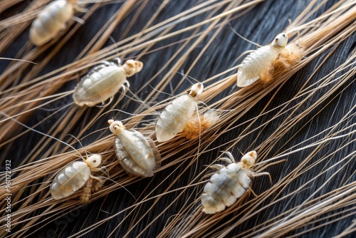 Close-Up Photograph Of Head Lice And Nits (Eggs) On A Human Hair Shaft photo