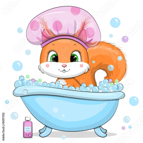 A cute cartoon squirrel in a shower cap takes a bath. Vector illustration of an animal in the bath with bubbles and shampoo on a white background.