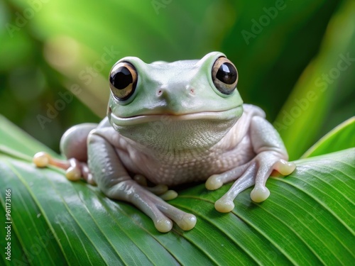 Close-Up Photo Of A White Tree Frog Sitting On A Leaf With Its Body Facing The Camera And Its Head Turned Slightly To The Side photo