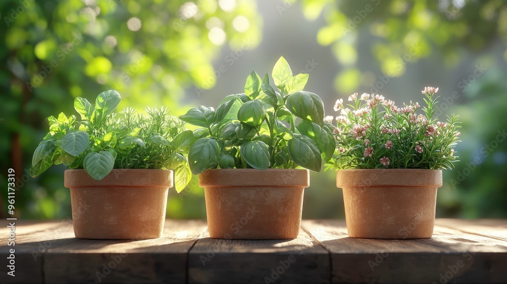 Organic herb garden, pots with fresh basil, mint, and rosemary, 3D illustration Organic herb garden, pots with fresh basil, mint, and rosemary, 3D illustration