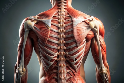 Close-Up View Of A Human Back With Detailed Anatomical Representation Of Spine, Muscles, And Bone Structure photo