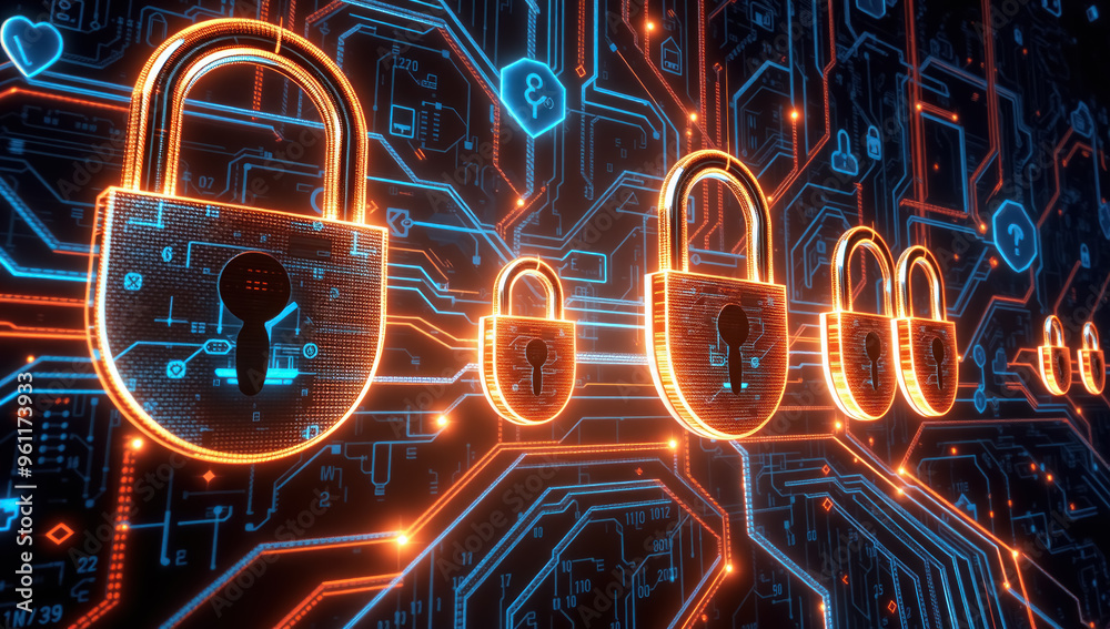 Information security visualized as a series of digital padlocks embedded within