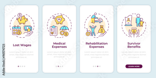 Workers compensation benefits onboarding mobile app screen. Walkthrough 4 steps editable graphic instructions with linear concepts. UI, UX, GUI template. Montserrat SemiBold, Regular fonts used
