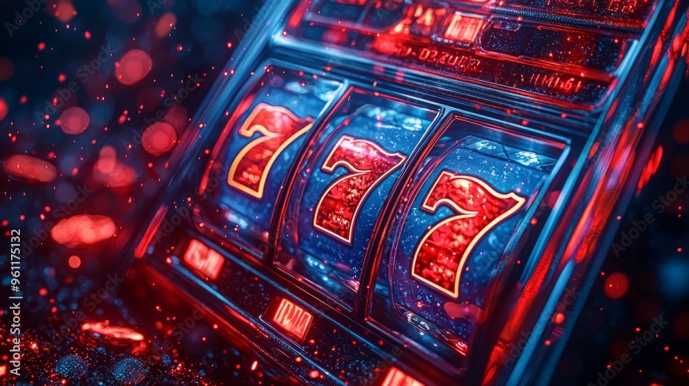 Obraz premium Slot machine Isolated on dark blue background. Online Casino slots banner concept. Lucky triple sevens. Gambling illustration.