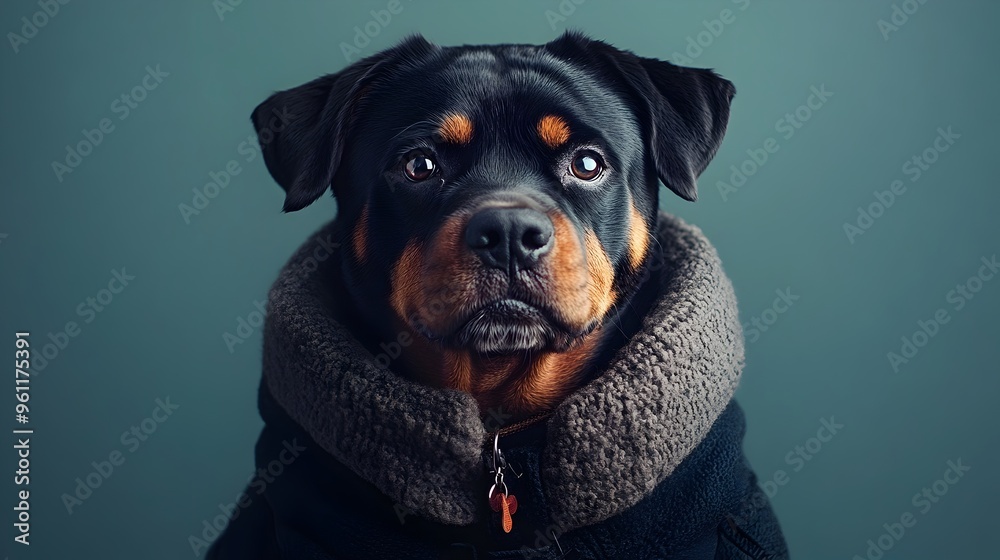 Fototapeta premium A Surreal Rottweiler Wearing a Classic Outfit Against a Soft Abstract Background
