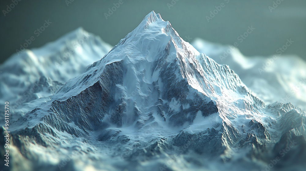 Obraz premium A close-up 3D model of Mount Everest, highlighting the dramatic relief height of the peak and the surrounding mountain