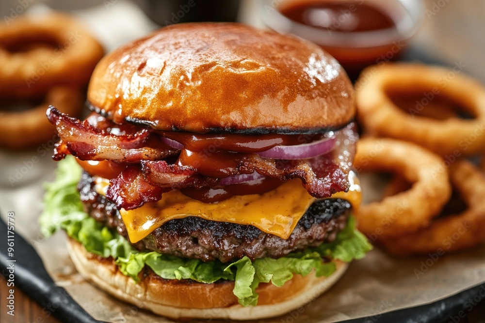 A BBQ bacon cheeseburger with melted cheddar, crispy bacon, and barbecue sauce, served with onion rings A BBQ bacon cheeseburger with melted cheddar, crispy bacon, and barbecue sauce, served with onion rings