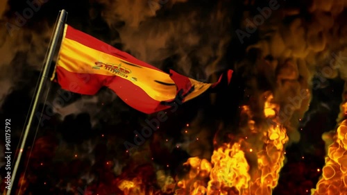 waving Spain flag on burning fire bg - crysis concept