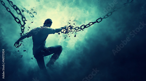 An artistic representation of a man breaking free from chains, symbolizing liberation from old habits and the strength to overcome challenges.