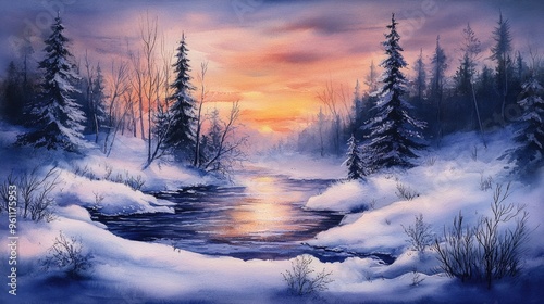 Serene Winter Landscape: A Tranquil Sunset Over a Snowy River