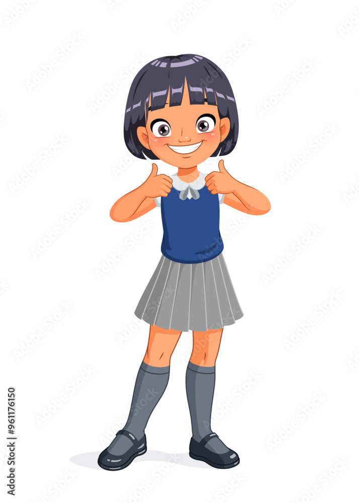 Cute little Asian girl in school uniform showing thumbs up. Cartoon vector illustration. Cute little Asian girl in school uniform showing thumbs up. Cartoon vector illustration.