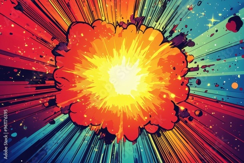 A vibrant explosion graphic with dynamic colors and lines, representing energy and impact.
