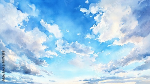 Tranquil Watercolor Landscape of a Serene Blue Sky with Fluffy Clouds