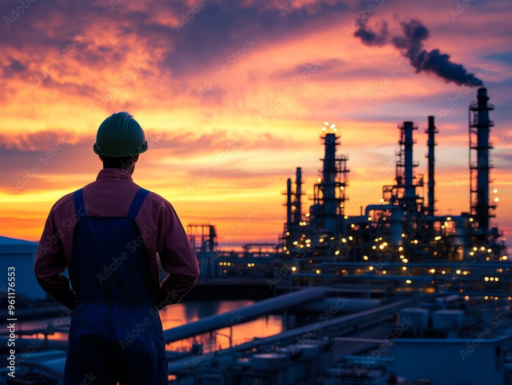 Male employee in overalls stands looking at gas industry, gas flares, work engineers day celebration, gas industry day. Male employee in overalls stands looking at gas industry, gas flares, work engineers day celebration, gas industry day.