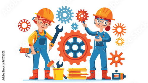 Technical Support and Repair: Happy Workers with Tools Fixing Mechanism with Gears