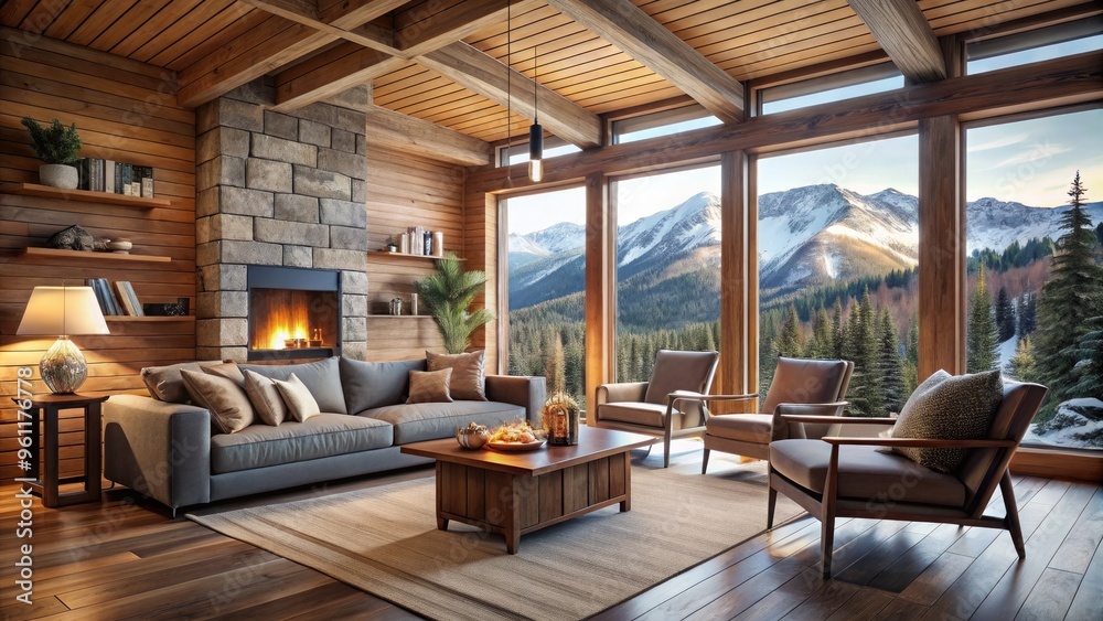 Cozy And Inviting Modern Mountain Cabin Interior With Wooden Walls, Comfortable Seating, And A Warm Fireplace That Creates A Perfect Retreat From The Cold Outdoors. Cozy And Inviting Modern Mountain Cabin Interior With Wooden Walls, Comfortable Seating, And A Warm Fireplace That Creates A Perfect Retreat From The Cold Outdoors.