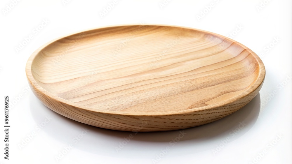A close up of a round wooden plate on a white background showcasing its natural texture and color, white background, cuisine, round, shape, texture, close-up photography, plate