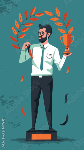 Triumphant Businessman Holding Winner's Cup Inside Award Wreath with Ribbon