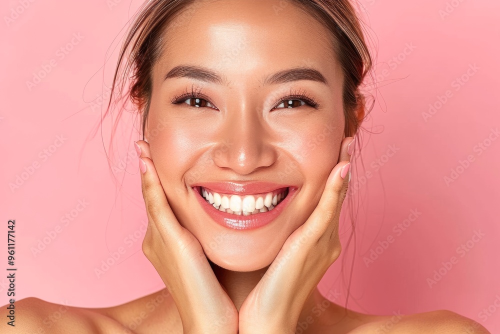 Radiant Asian Woman with Flawless Skin and Bright Smile on Pink Background